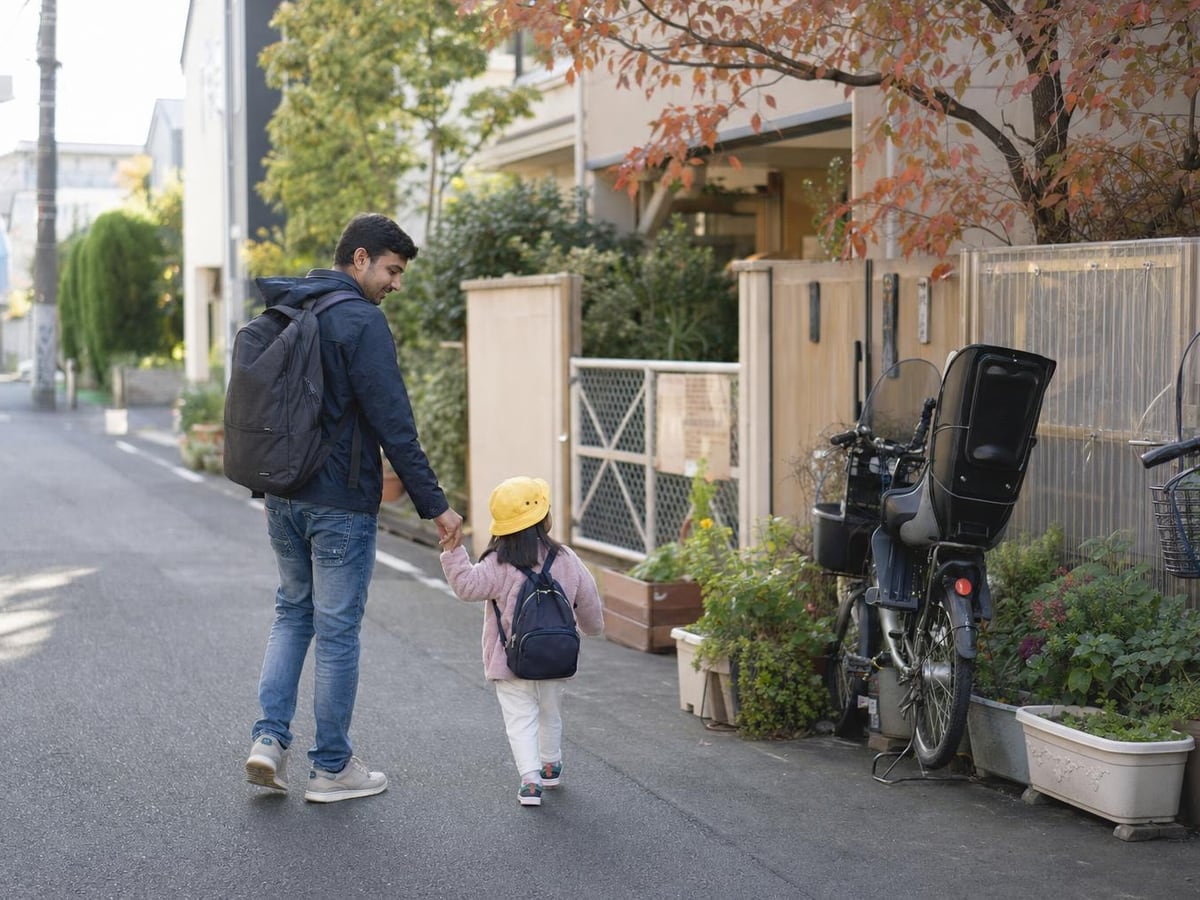 a father walks his young daughter to the gate of a daycare in the morning