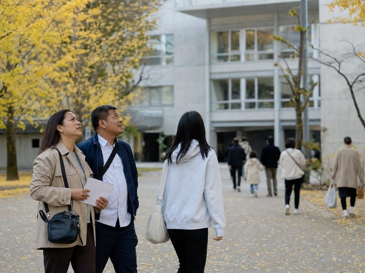 parents and their teenage daughter look up at a high school on an open day