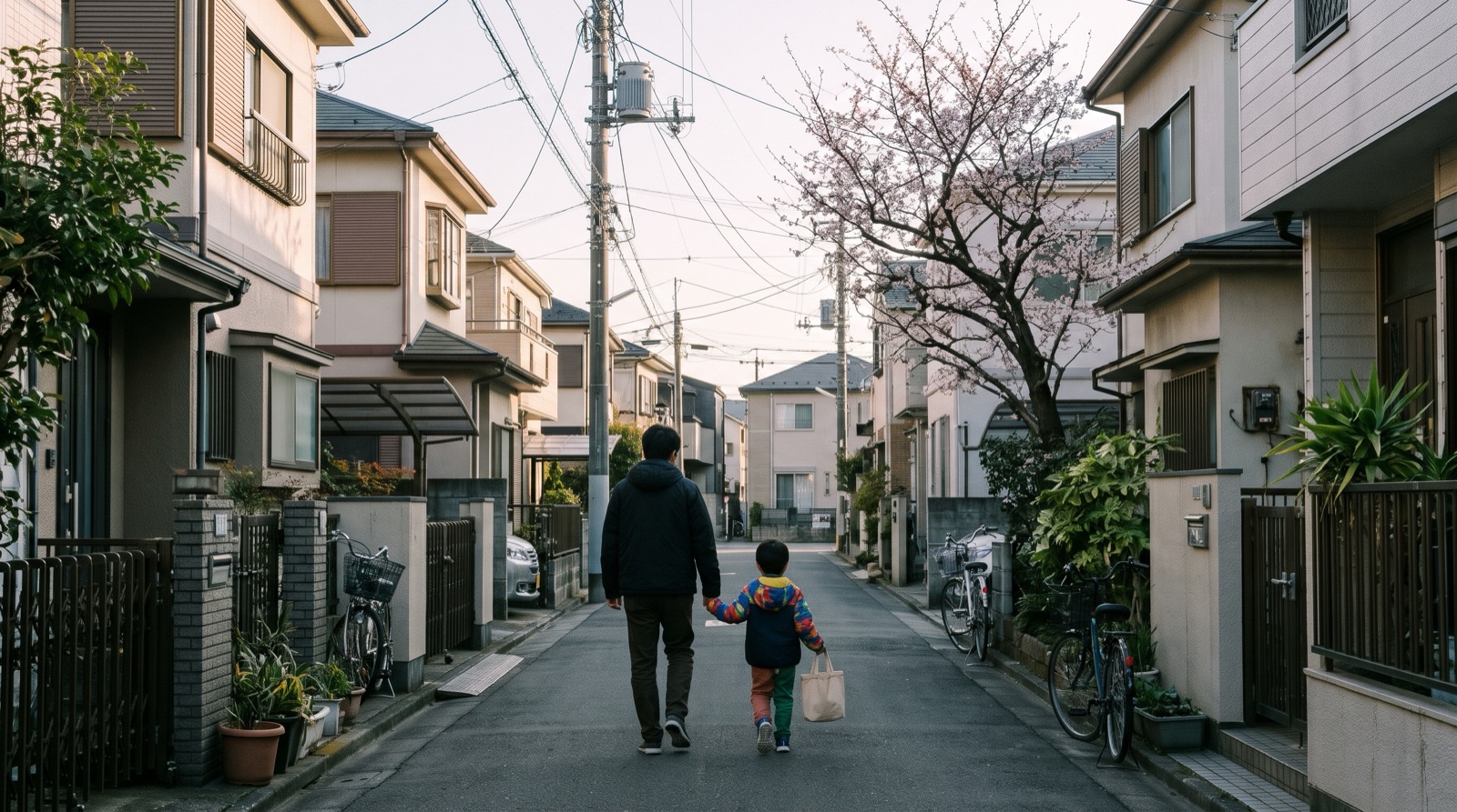a parent and a child, seen from behind, walking hand in hand along a quiet residential street in the morning