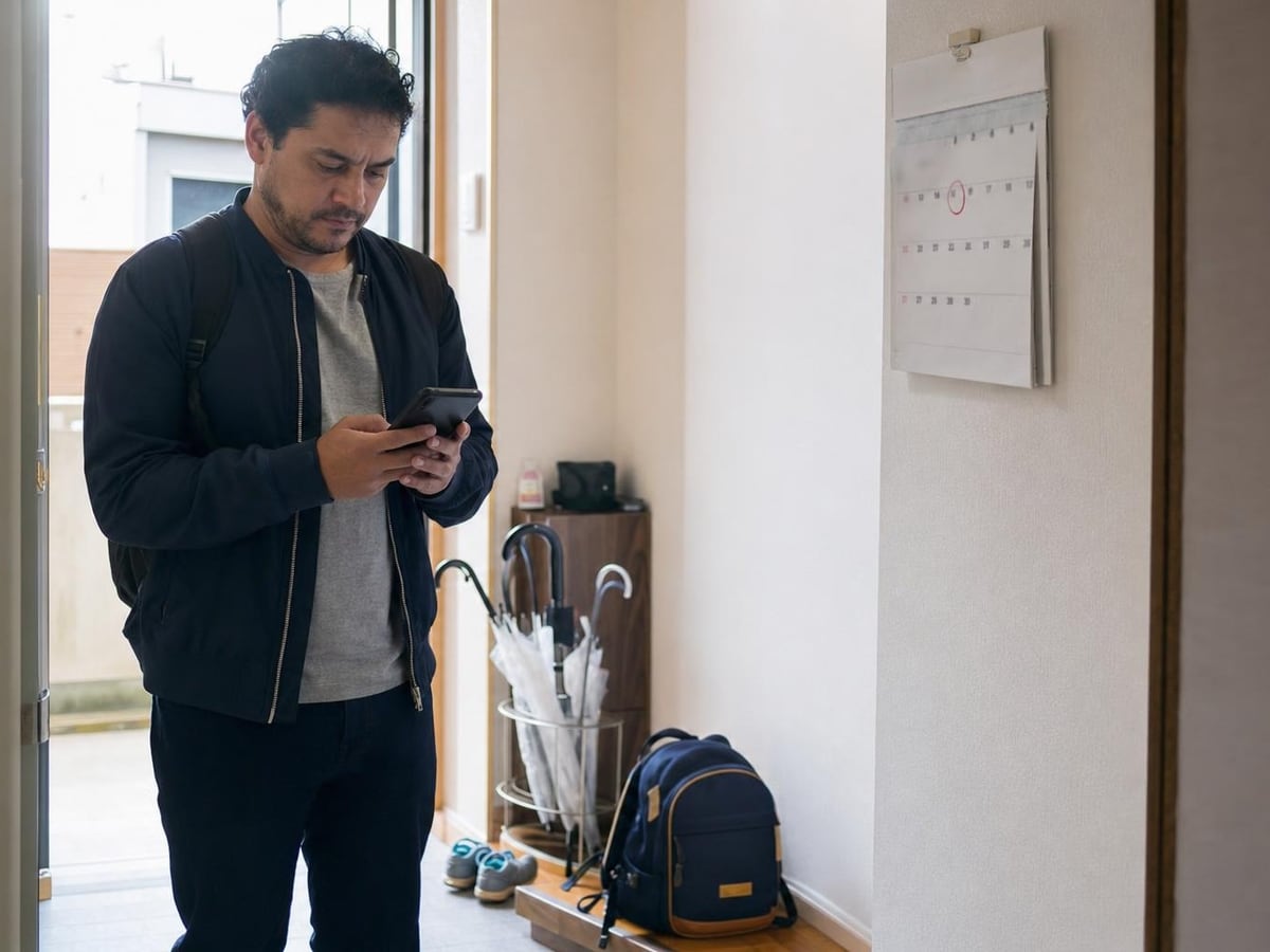 a father checks his phone in the entryway, a date circled on the calendar beside him