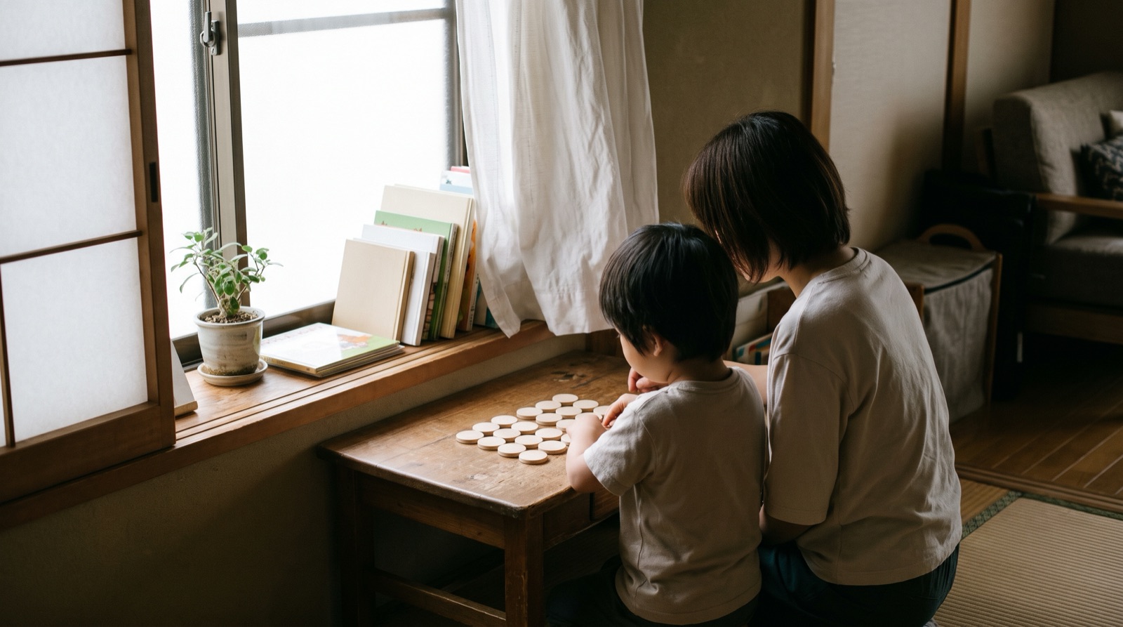 a mother and a child of about five, seen from behind at a small wooden desk by a window, laying out wooden counting pieces