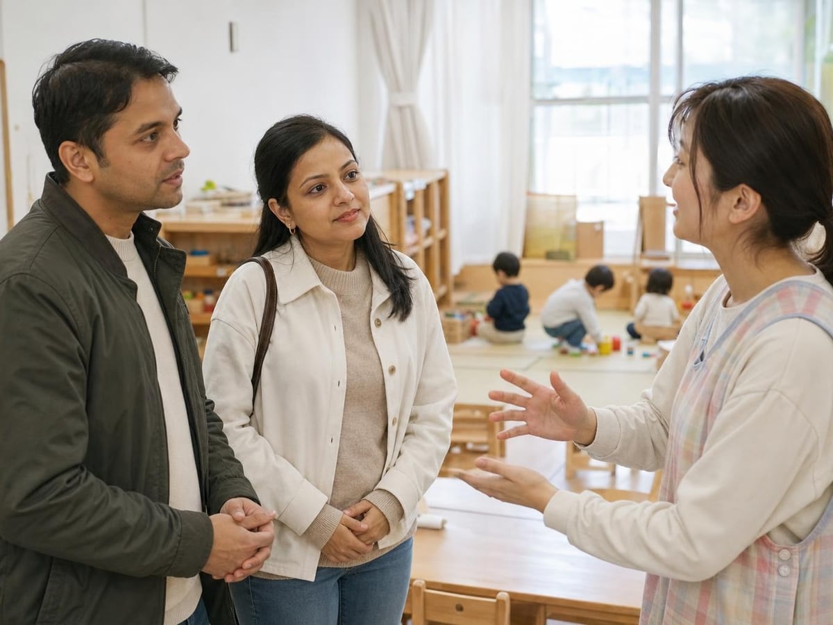 two parents listen to a daycare teacher during a visit before applying