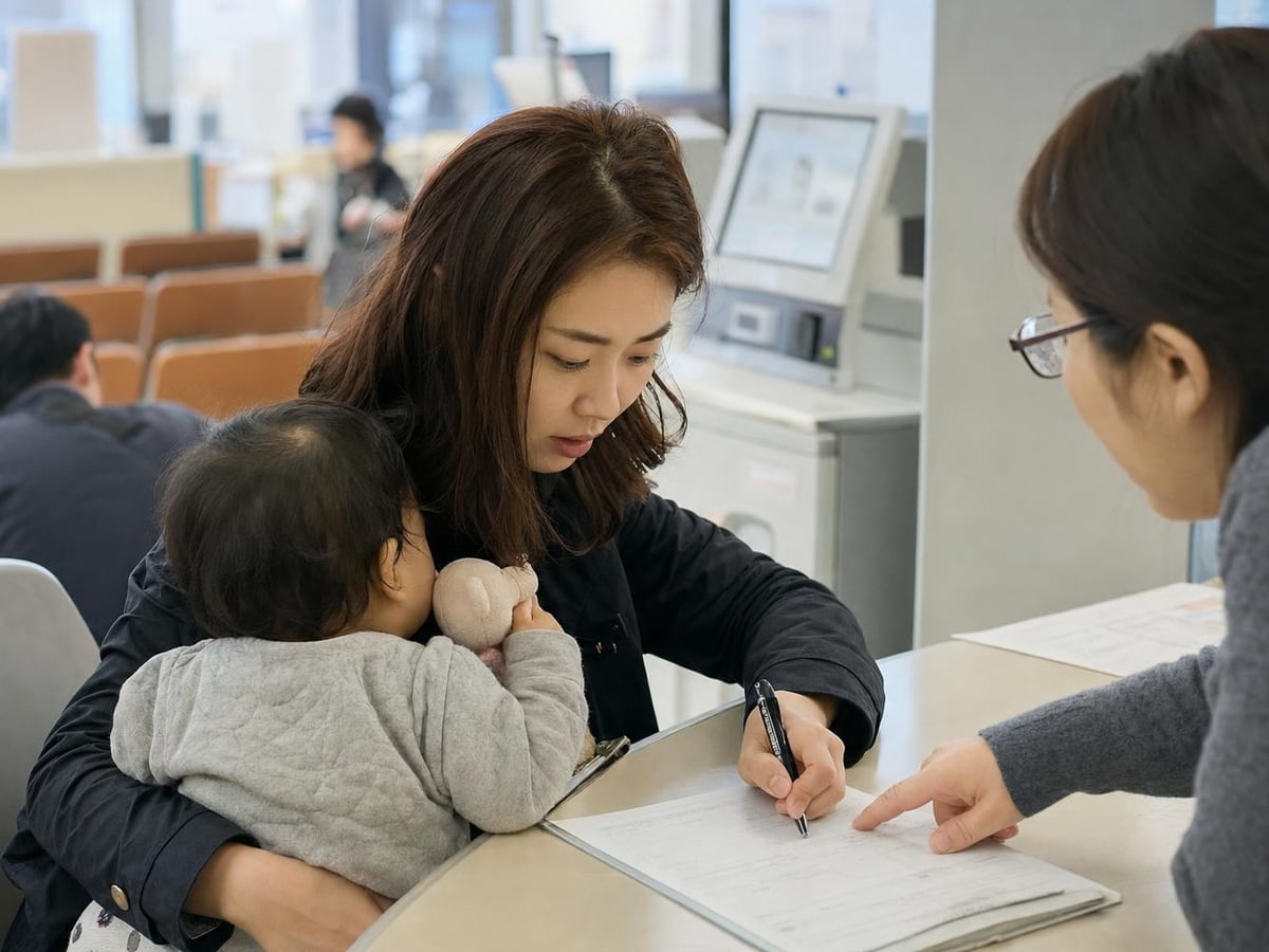 a mother fills in a daycare application at a ward office counter, her baby on her lap