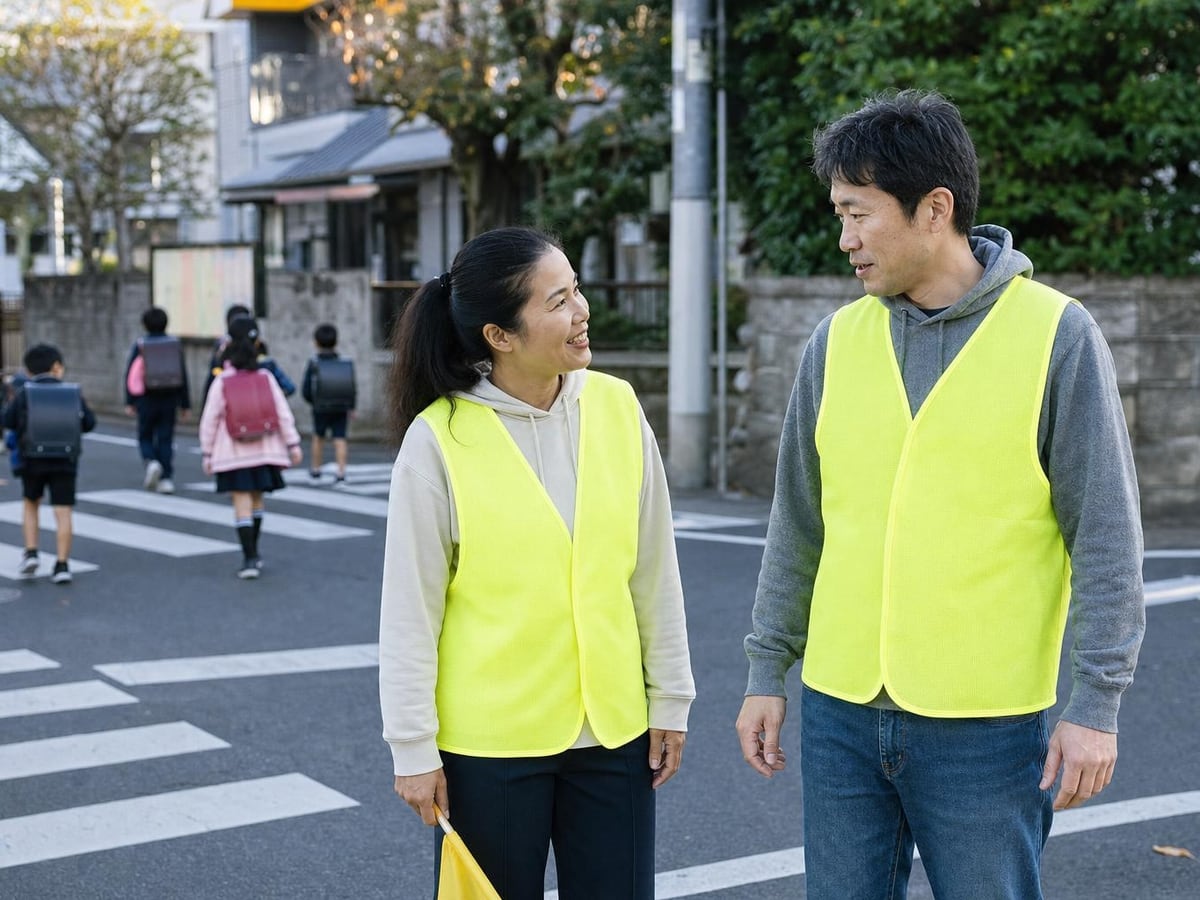 two parents in safety vests on a morning crossing duty near an elementary school