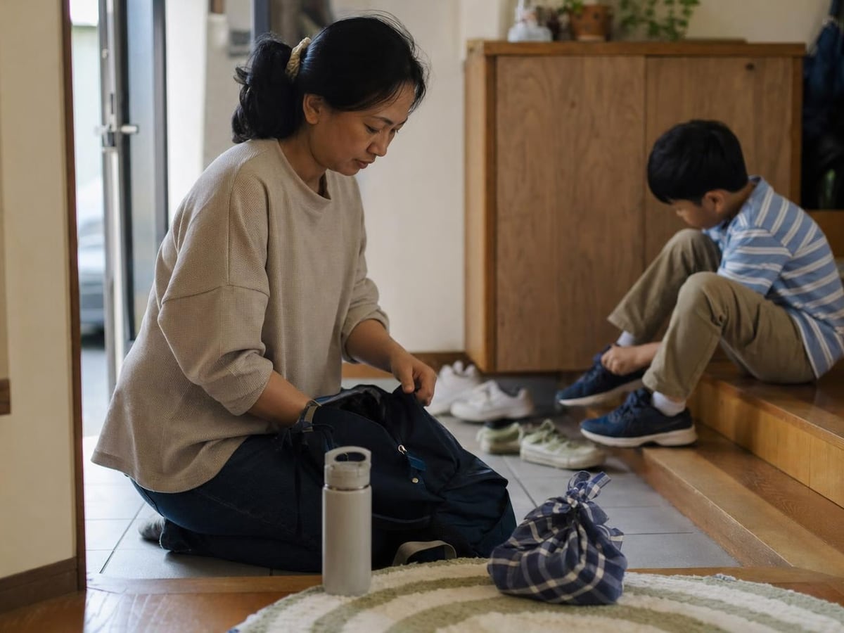 a mother checks her son's backpack in the entryway before a school trip