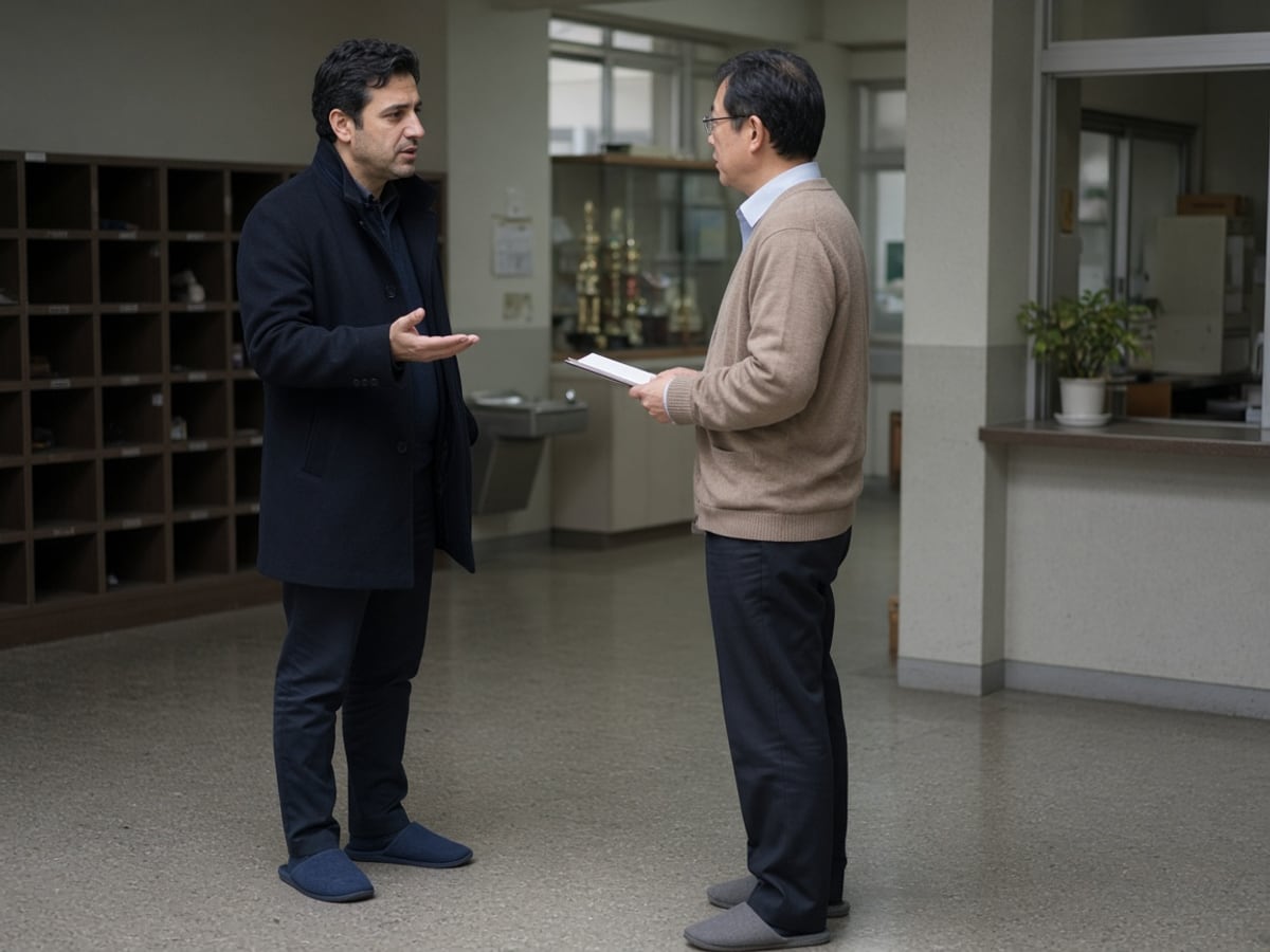 A father in slippers talks with a school vice-principal in an entrance hall
